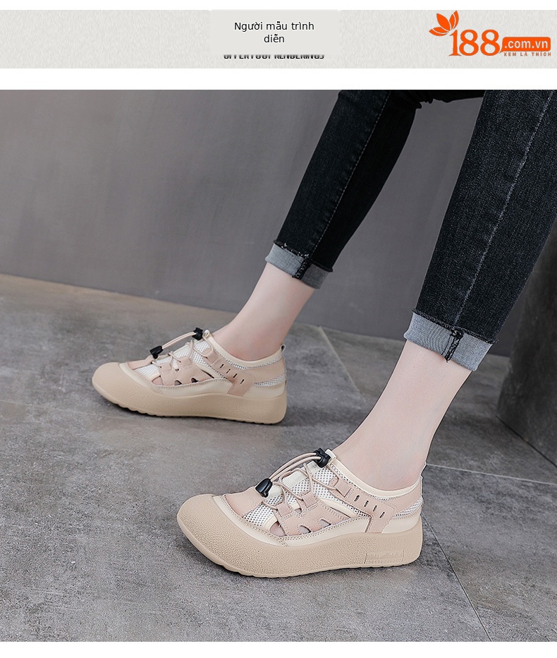 Sandal nữ đế bệt da thật khoét lỗ đầu to thoáng khí — Màu be chi tiết 9