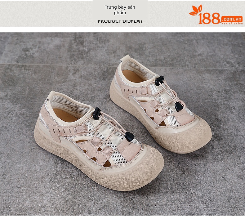 Sandal nữ đế bệt da thật khoét lỗ đầu to thoáng khí — Màu be chi tiết 10