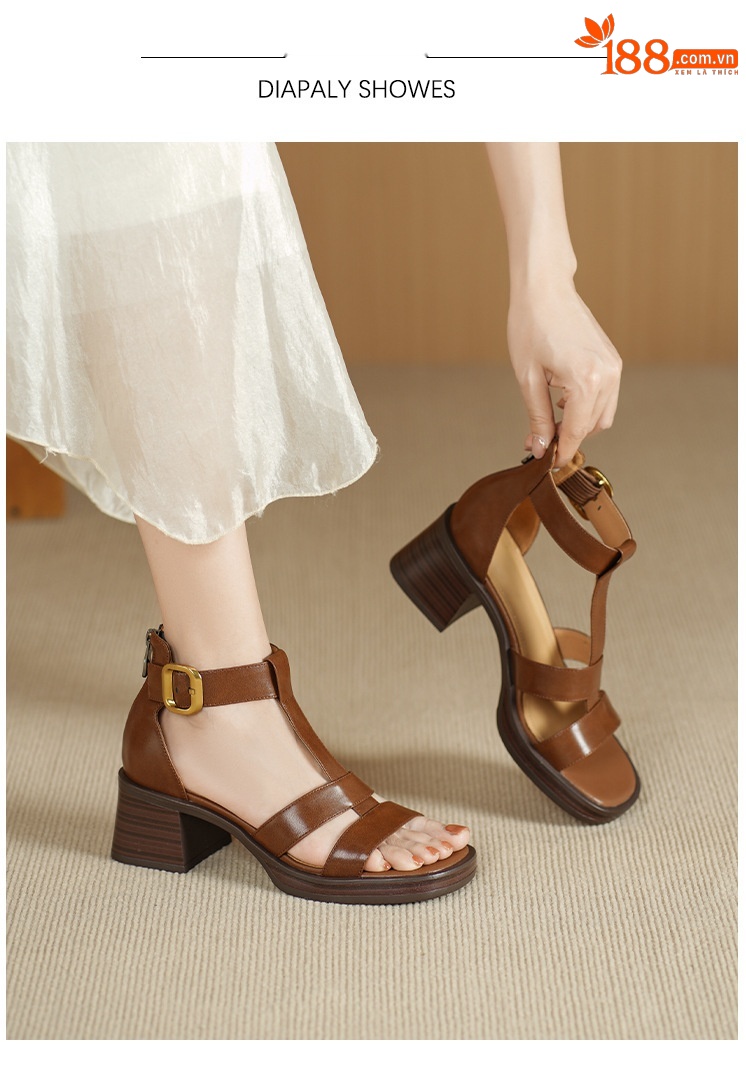 Sandal nữ cao gót 6 cm mũi hở quai chữ T khóa hậu — nâu chi tiết 3