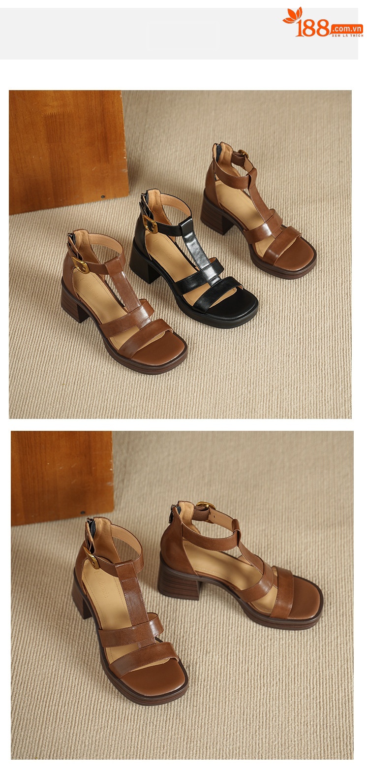 Sandal nữ cao gót 6 cm mũi hở quai chữ T khóa hậu — nâu chi tiết 9