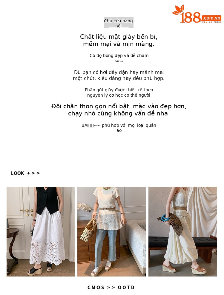 Dép sandal nữ đế xuồng cao gót mũi vuông phong cách boho — nâu, đen, trắng chi tiết 1