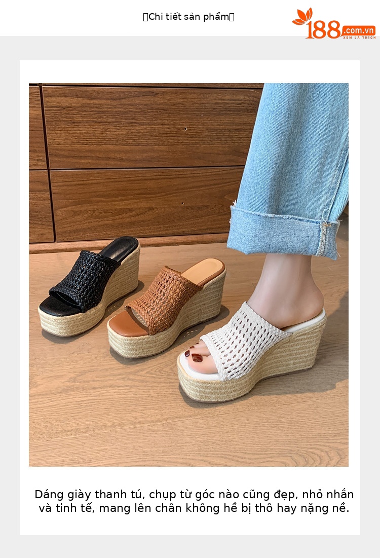 Dép sandal nữ đế xuồng cao gót mũi vuông phong cách boho — nâu, đen, trắng chi tiết 3