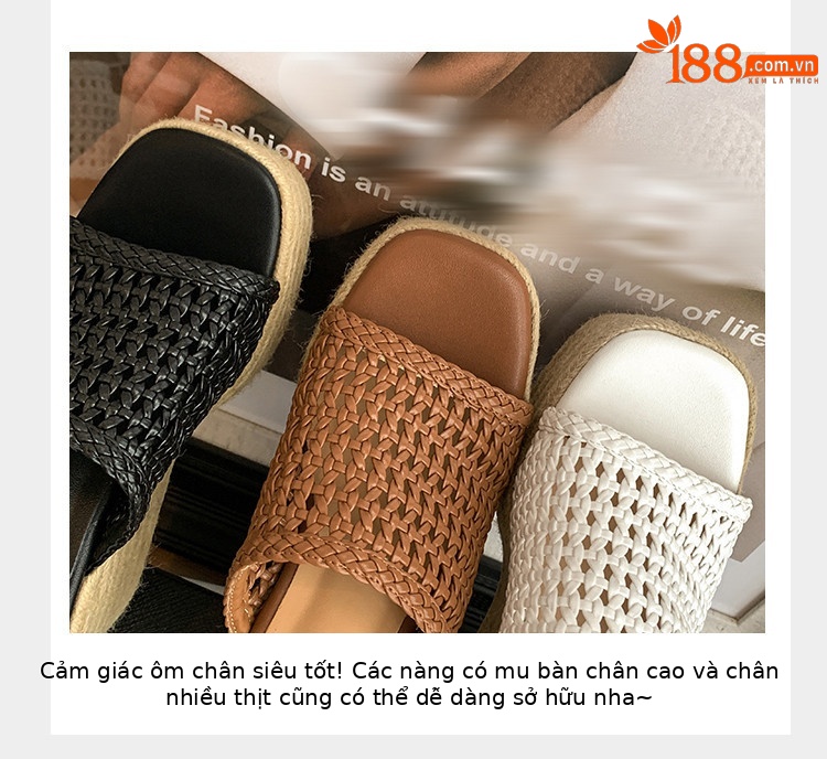 Dép sandal nữ đế xuồng cao gót mũi vuông phong cách boho — nâu, đen, trắng chi tiết 4