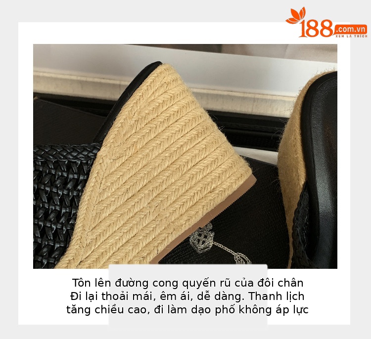 Dép sandal nữ đế xuồng cao gót mũi vuông phong cách boho — nâu, đen, trắng chi tiết 6