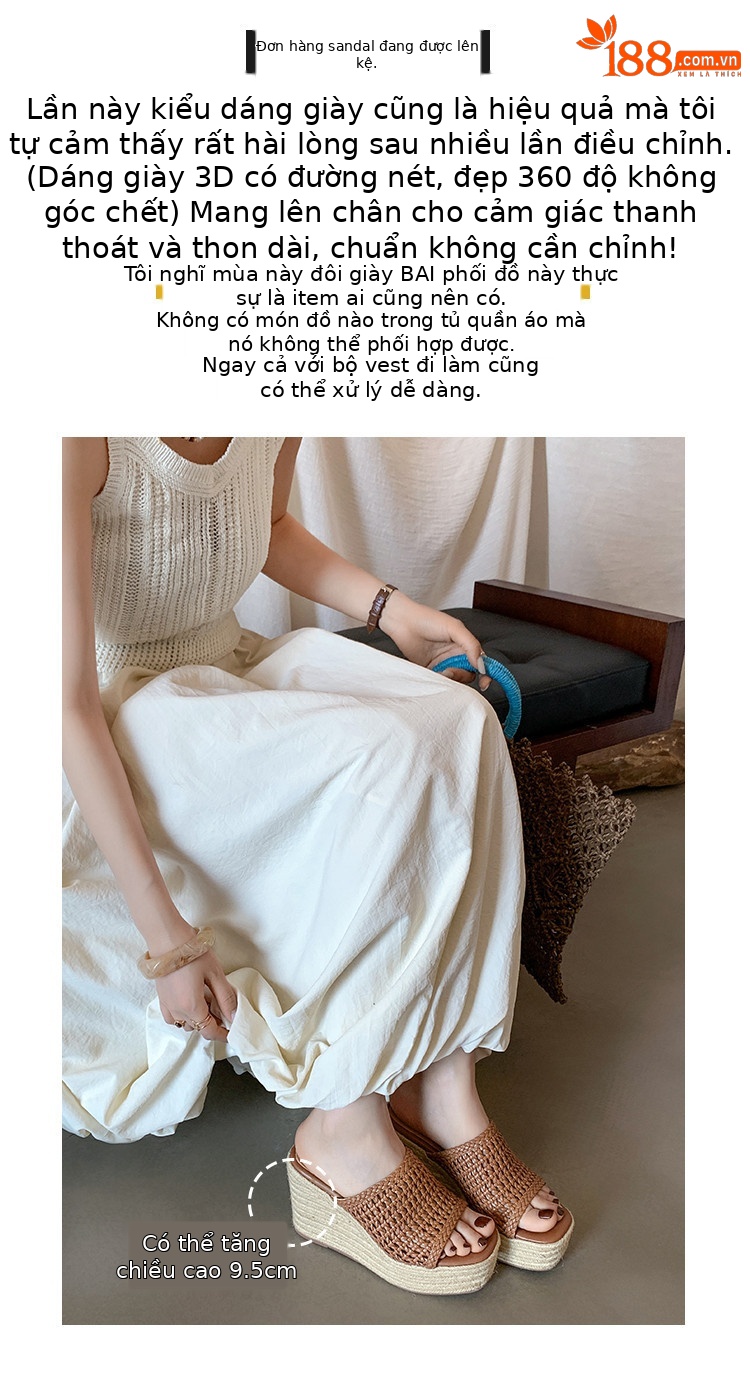 Dép sandal nữ đế xuồng cao gót mũi vuông phong cách boho — nâu, đen, trắng chi tiết 2