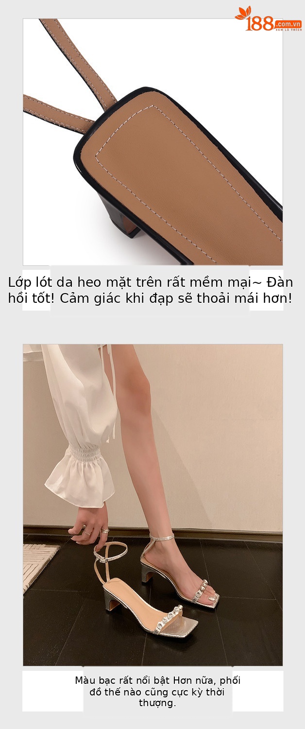 Sandal nữ quai ngang mũi vuông gót vuông đính đá rhinestone mùa hè 2025 — Màu đen, Màu trắng, Màu bạc chi tiết 5