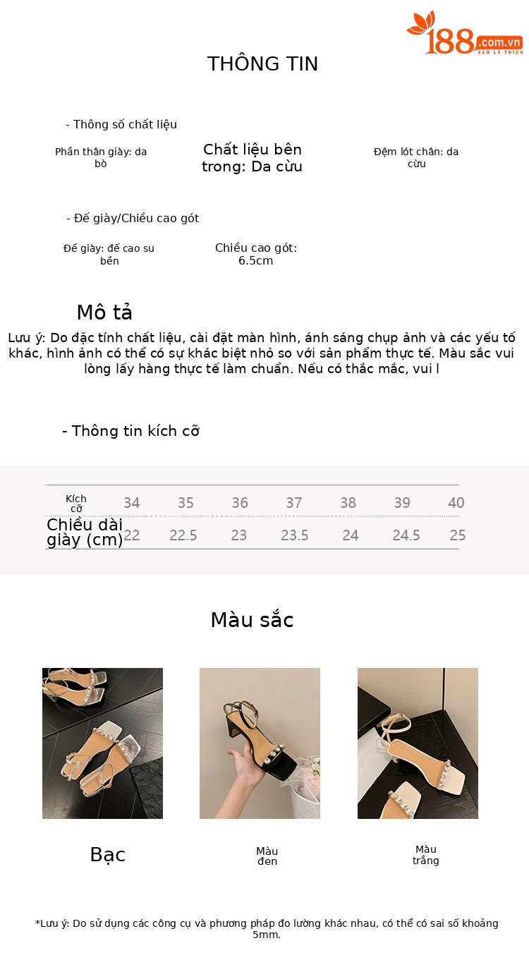 Sandal nữ quai ngang mũi vuông gót vuông đính đá rhinestone mùa hè 2025 — Màu đen, Màu trắng, Màu bạc chi tiết 3