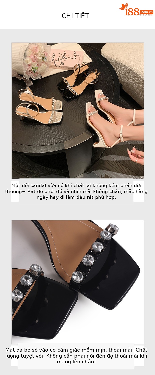 Sandal nữ quai ngang mũi vuông gót vuông đính đá rhinestone mùa hè 2025 — Màu đen, Màu trắng, Màu bạc chi tiết 4
