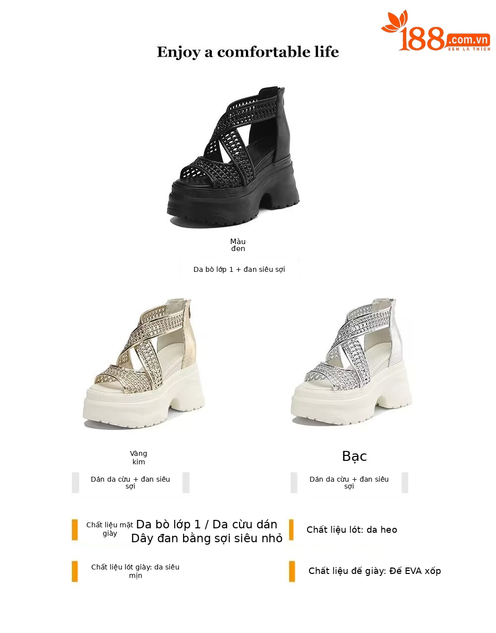 Sandal cao gót La Mã dệt quai ngang đế nêm hở mũi gót 12 cm — Màu vàng trắng, Màu đen, Màu trắng bạc chi tiết 2