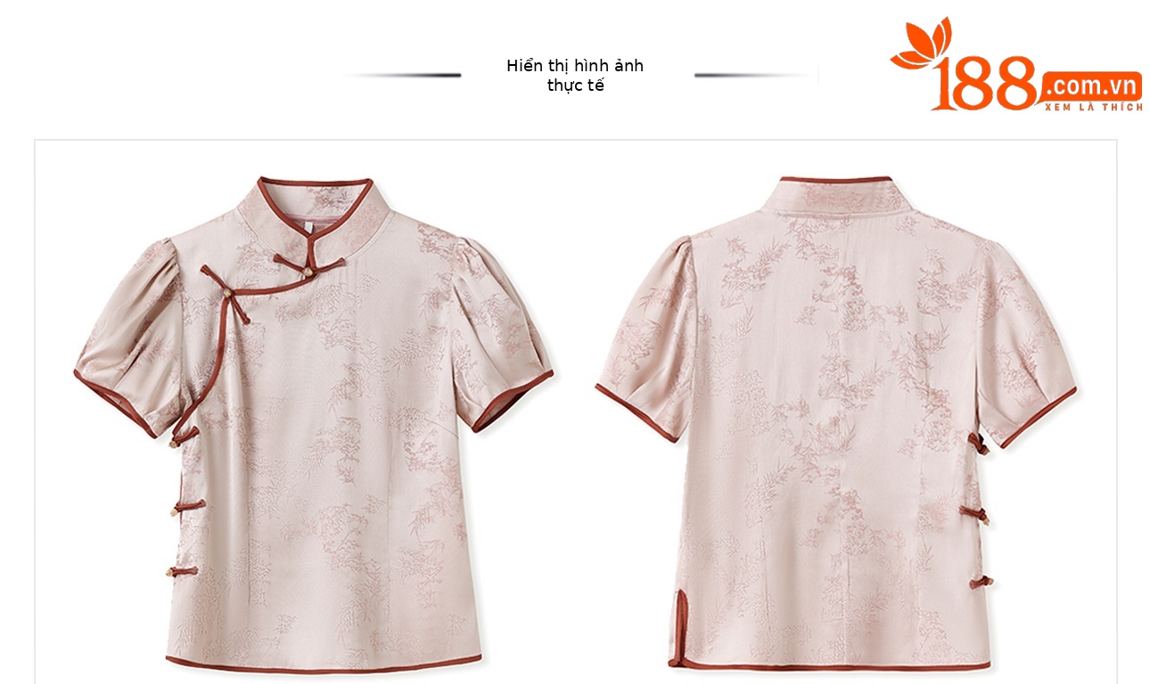 Áo kiểu cổ đứng tay phồng thêu họa tiết mùa hè phong cách Trung Hoa mới — Hồng đào chi tiết 19