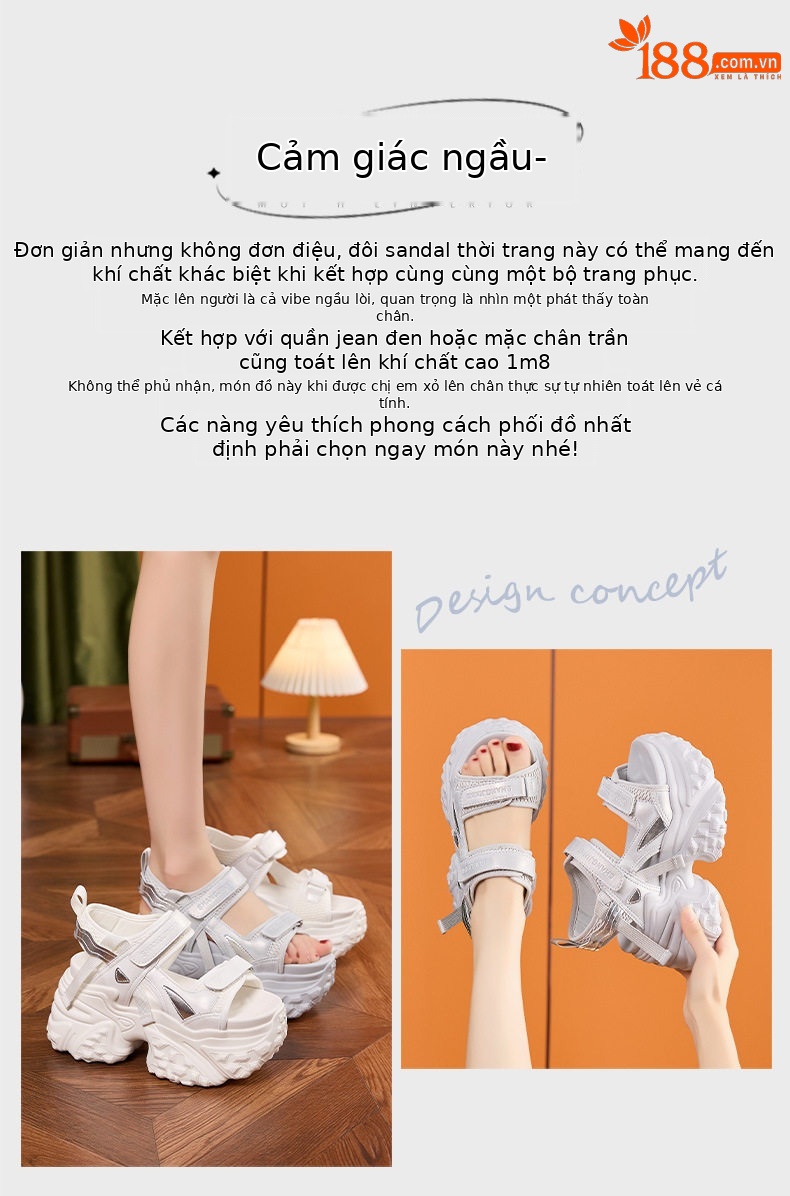Dép sandal nữ xỏ ngón đế bệt mũi tròn quai Velcro phong cách Hàn Quốc — Trắng, Bạc chi tiết 4