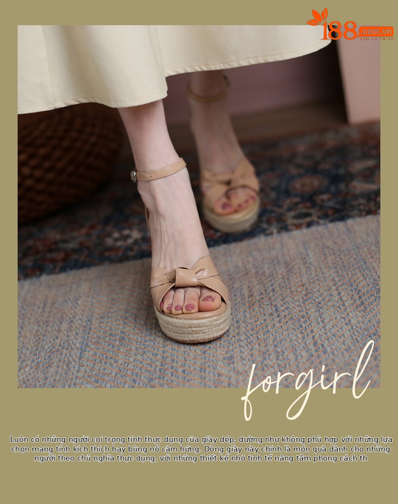 Sandal cao gót nữ hở mũi phong cách retro, đế xuồng cói kết hợp dây thừng gai dầu, gót 9.5 cm — nâu chi tiết 1