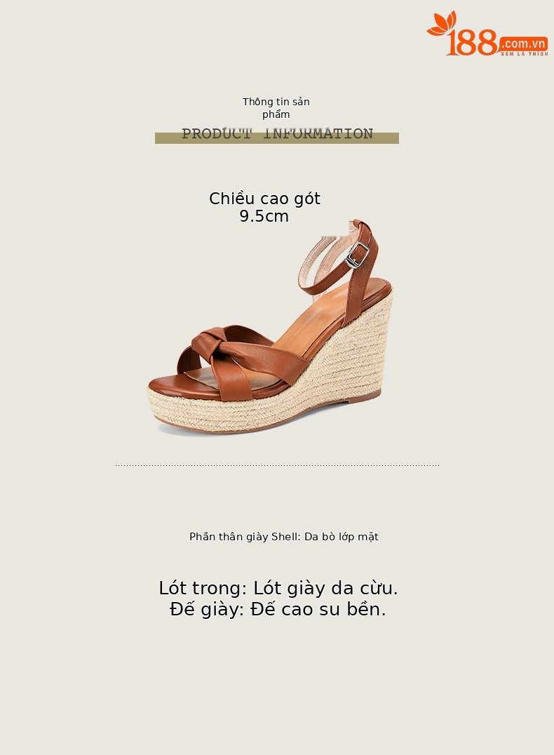 Sandal cao gót nữ hở mũi phong cách retro, đế xuồng cói kết hợp dây thừng gai dầu, gót 9.5 cm — nâu chi tiết 2