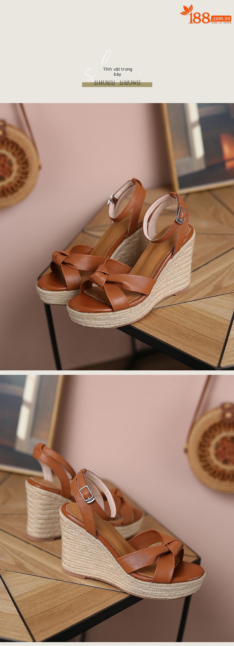 Sandal cao gót nữ hở mũi phong cách retro, đế xuồng cói kết hợp dây thừng gai dầu, gót 9.5 cm — nâu chi tiết 8