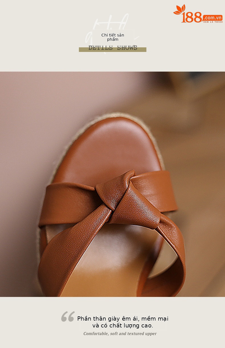 Sandal cao gót nữ hở mũi phong cách retro, đế xuồng cói kết hợp dây thừng gai dầu, gót 9.5 cm — nâu chi tiết 12