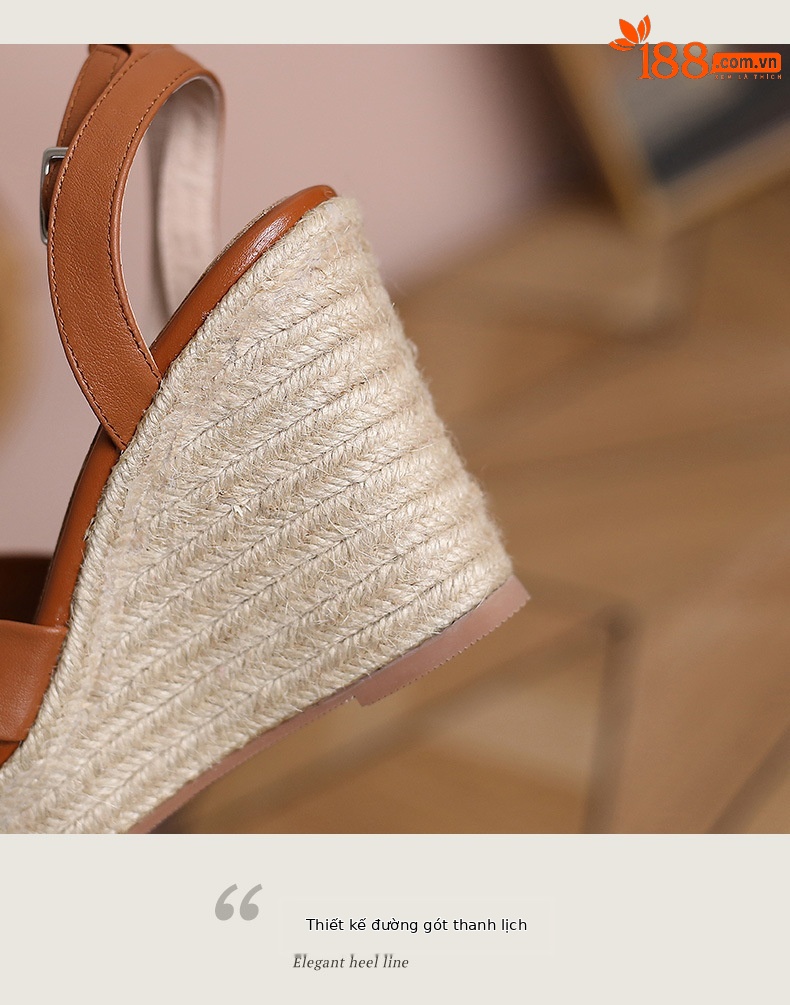 Sandal cao gót nữ hở mũi phong cách retro, đế xuồng cói kết hợp dây thừng gai dầu, gót 9.5 cm — nâu chi tiết 13