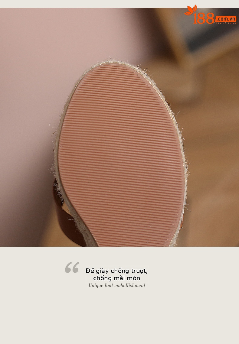 Sandal cao gót nữ hở mũi phong cách retro, đế xuồng cói kết hợp dây thừng gai dầu, gót 9.5 cm — nâu chi tiết 15