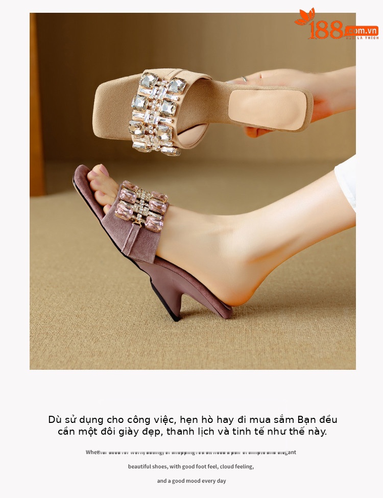 Dép sandal nữ mũi vuông đính đá lấp lánh kiểu Pháp, gót đặc biệt, thời trang đa năng — Tím, mơ chi tiết 3