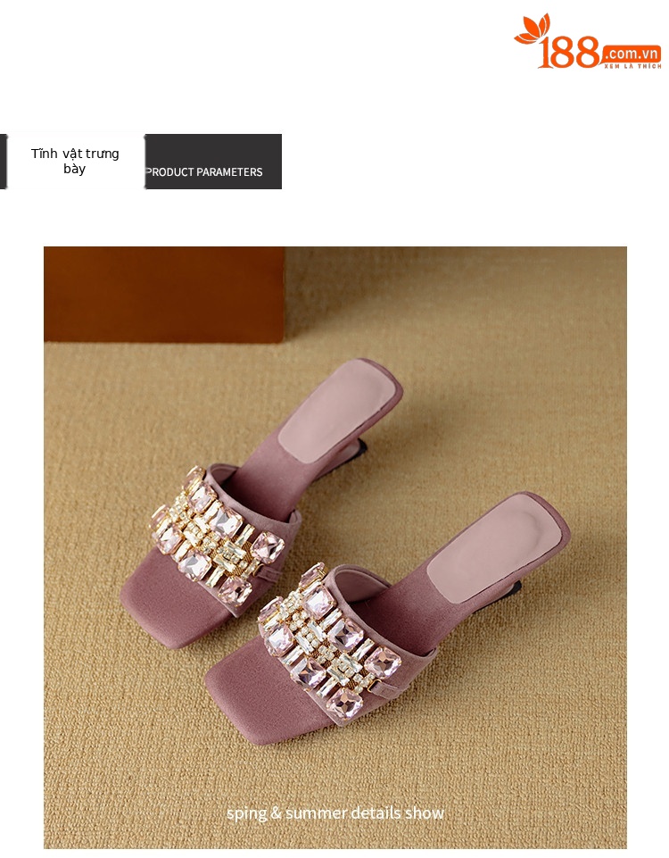 Dép sandal nữ mũi vuông đính đá lấp lánh kiểu Pháp, gót đặc biệt, thời trang đa năng — Tím, mơ chi tiết 13