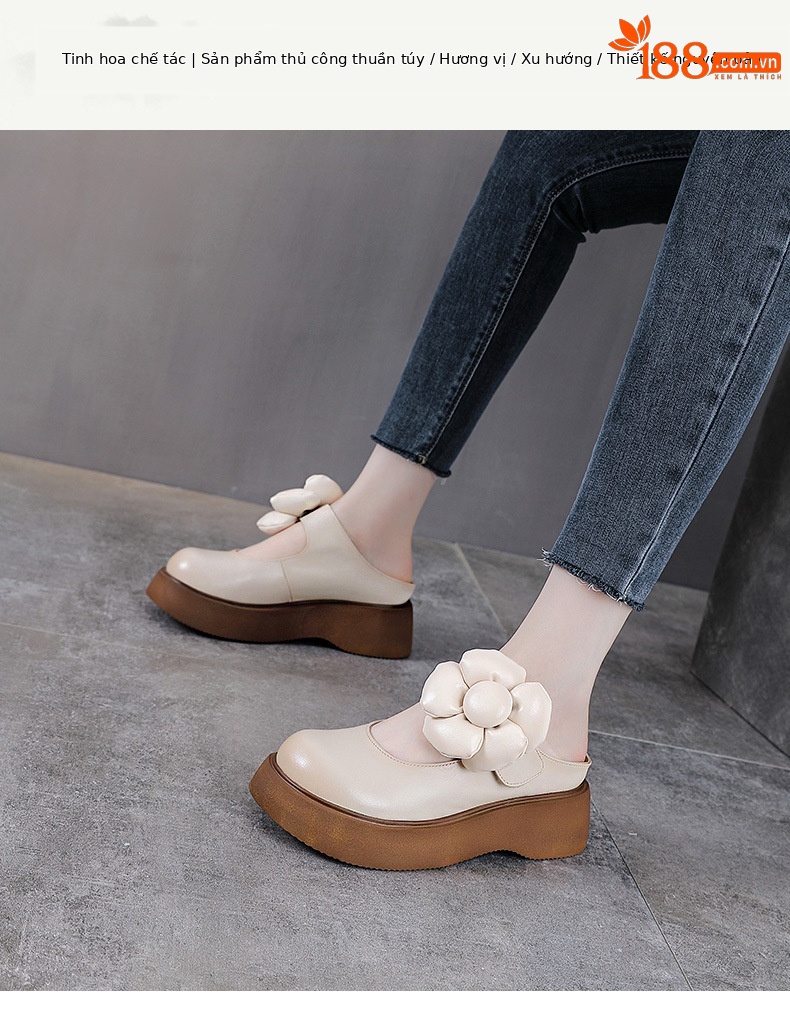 Dép xỏ ngón nữ đế dày da bò thật phong cách retro — Màu trắng nhạt chi tiết 1