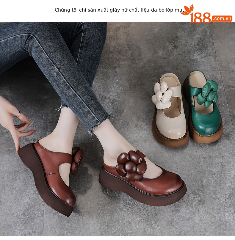 Dép xỏ ngón nữ đế dày da bò thật phong cách retro — Màu trắng nhạt chi tiết 2