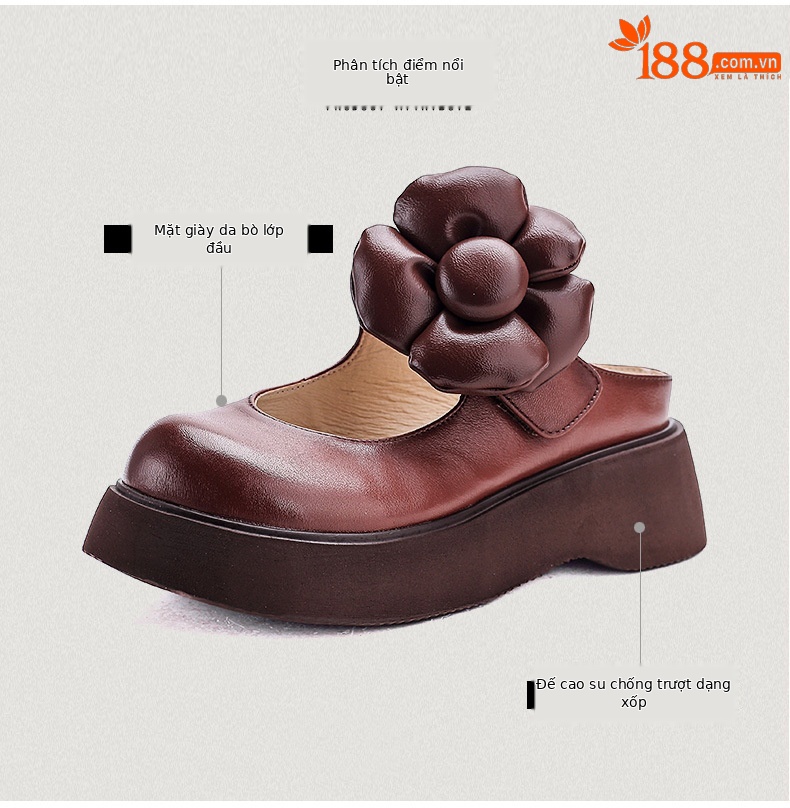 Dép xỏ ngón nữ đế dày da bò thật phong cách retro — Màu trắng nhạt chi tiết 3