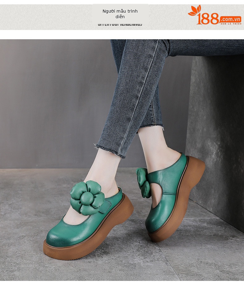 Dép xỏ ngón nữ đế dày da bò thật phong cách retro — Màu trắng nhạt chi tiết 9