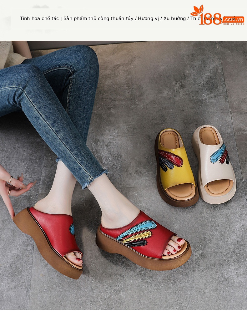 Dép lê nữ đế dày da bò thật phối màu cổ điển, gót cao chống trượt, đế mềm mùa hè — Màu be chi tiết 1