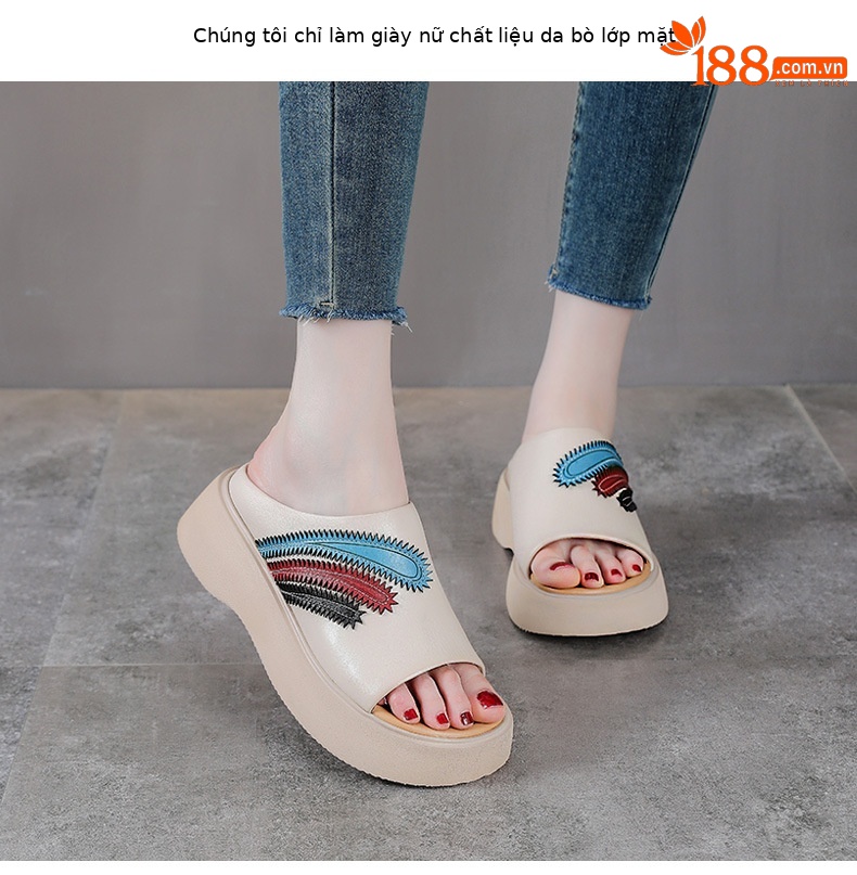 Dép lê nữ đế dày da bò thật phối màu cổ điển, gót cao chống trượt, đế mềm mùa hè — Màu be chi tiết 2