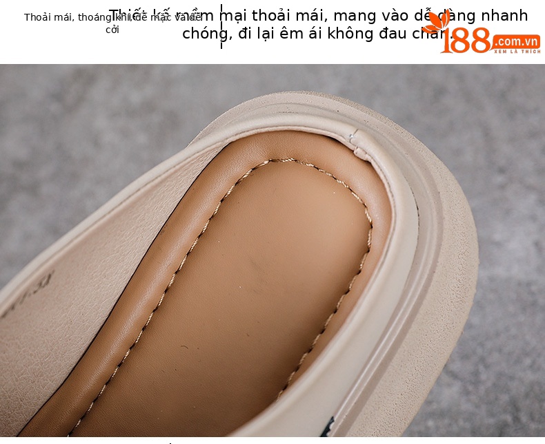 Dép lê nữ đế dày da bò thật phối màu cổ điển, gót cao chống trượt, đế mềm mùa hè — Màu be chi tiết 5