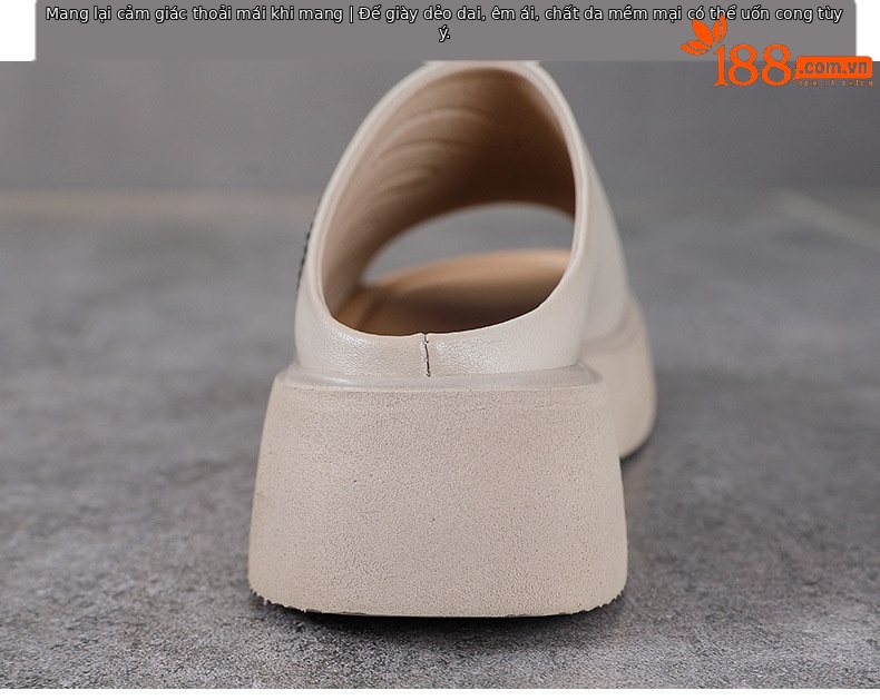 Dép lê nữ đế dày da bò thật phối màu cổ điển, gót cao chống trượt, đế mềm mùa hè — Màu be chi tiết 7