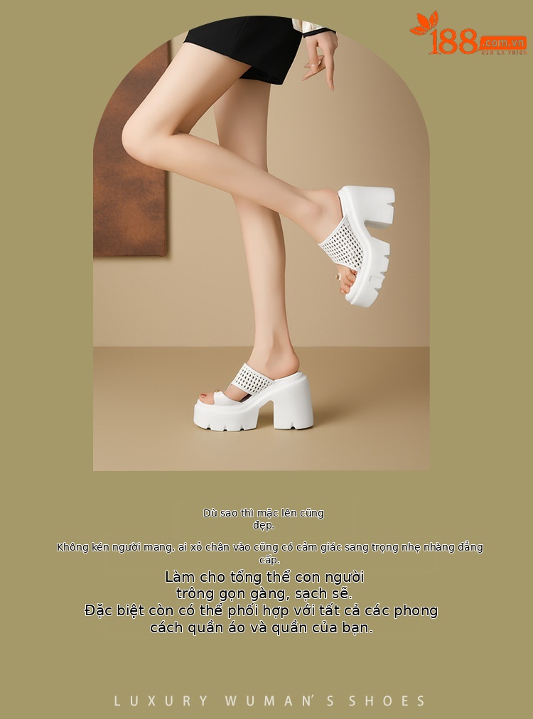 Dép sandal cao gót nữ quai ngang đan gót thô 12 cm đế tăng chiều cao — Màu đen, Màu vàng nhạt, Màu trắng, Màu bạc chi tiết 2