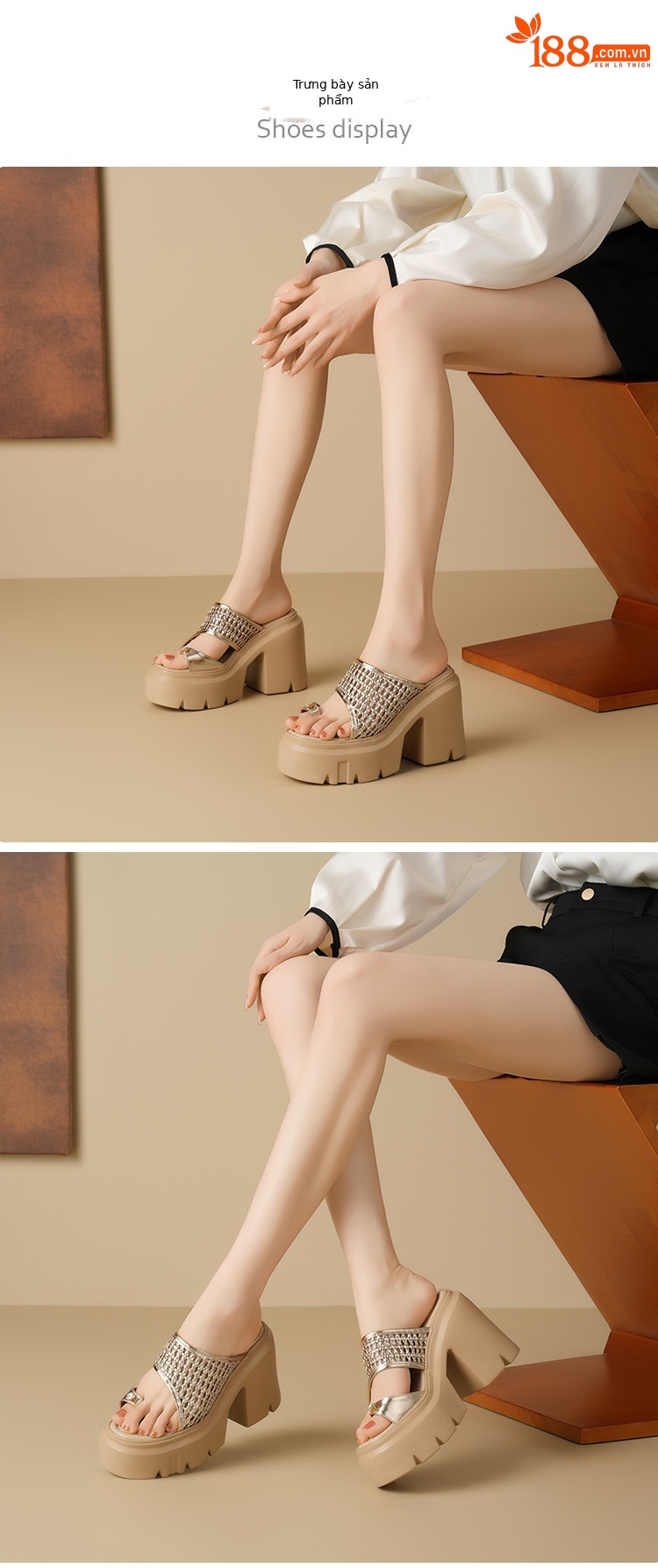 Dép sandal cao gót nữ quai ngang đan gót thô 12 cm đế tăng chiều cao — Màu đen, Màu vàng nhạt, Màu trắng, Màu bạc chi tiết 5