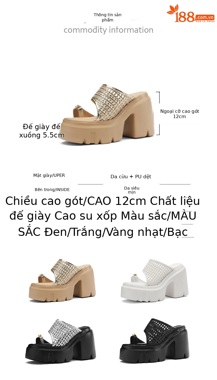Dép sandal cao gót nữ quai ngang đan gót thô 12 cm đế tăng chiều cao — Màu đen, Màu vàng nhạt, Màu trắng, Màu bạc chi tiết 3
