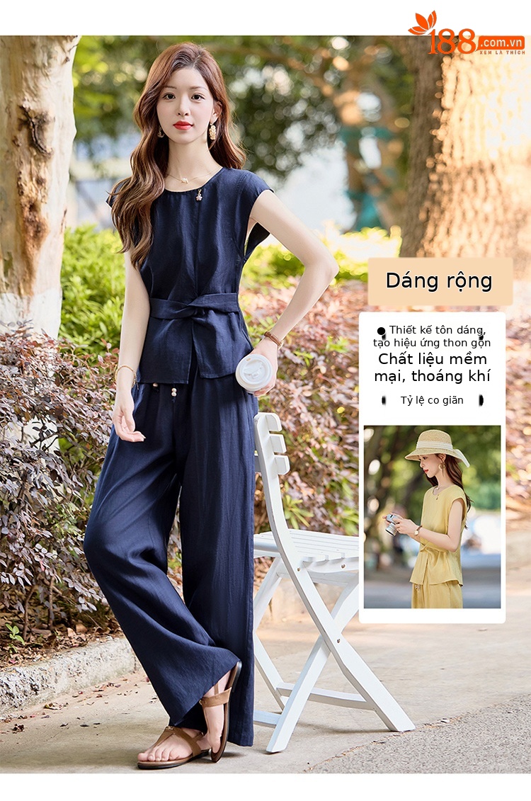 Bộ áo vest ngắn kết hợp quần ống rộng hai mảnh mùa hè 2025 — Màu xanh navy, Màu vàng chi tiết 4