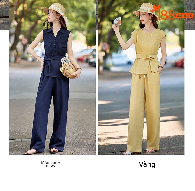 Bộ áo vest ngắn kết hợp quần ống rộng hai mảnh mùa hè 2025 — Màu xanh navy, Màu vàng chi tiết 6