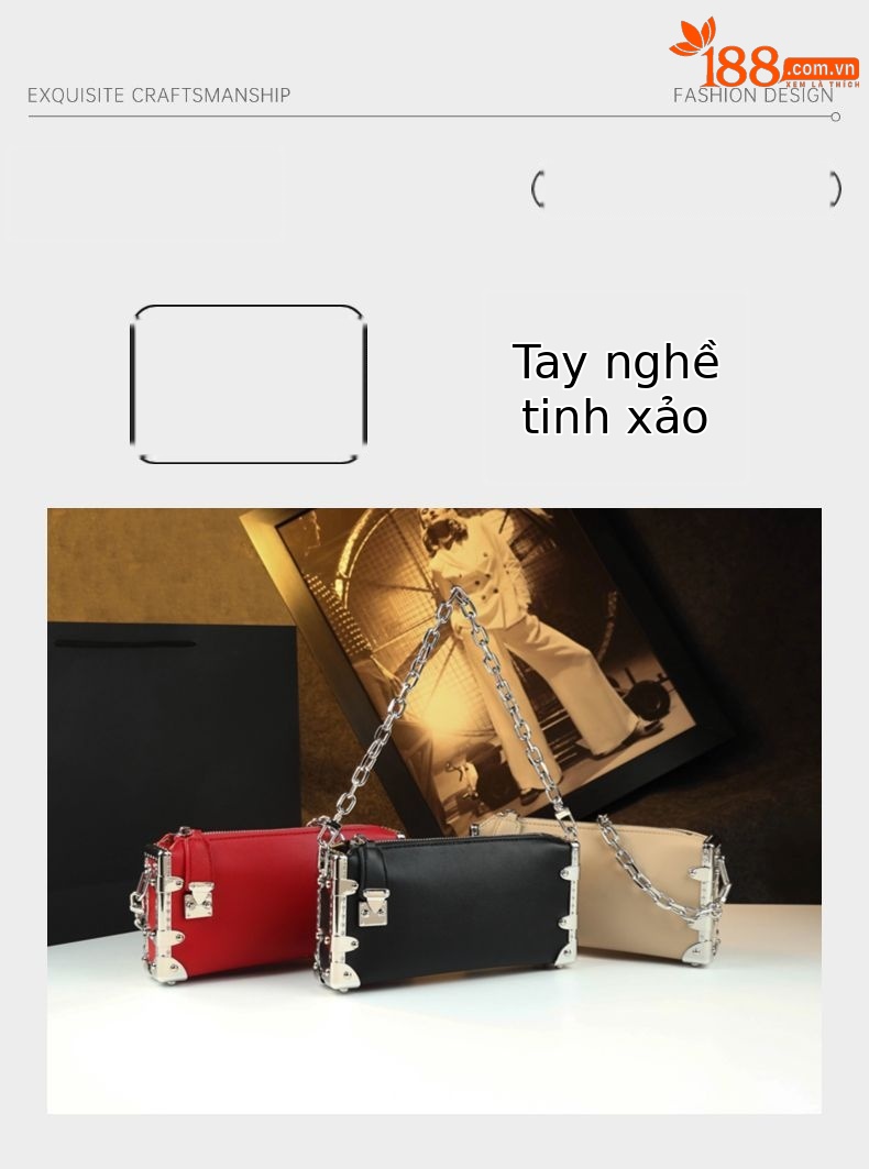 Túi đeo chéo nữ da thật dây xích hộp mềm — đen, màu đỏ, mơ chi tiết 4