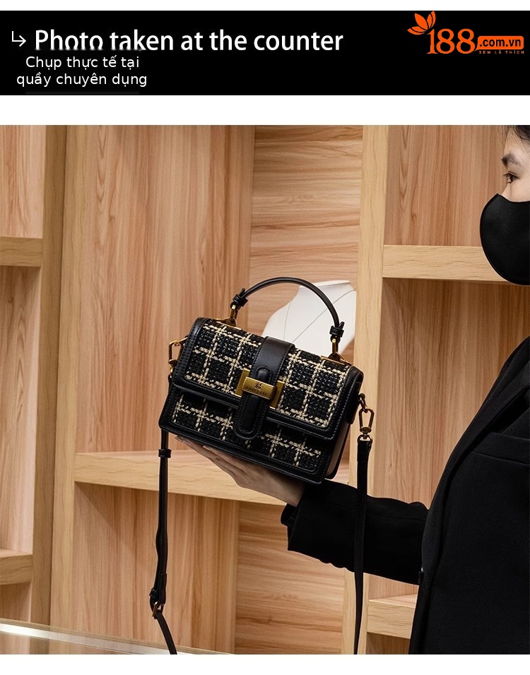Túi xách tay da thật Hồng Kông dáng vuông nhỏ cổ điển, đeo chéo một vai đi làm phong cách Chanel — Màu đen chi tiết 1