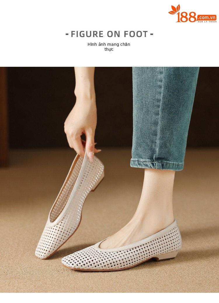 Sandal nữ mũi nhọn gót thấp lưới thoáng khí mũi khoét 2025 — Màu trắng nhạt, bạc chi tiết 2