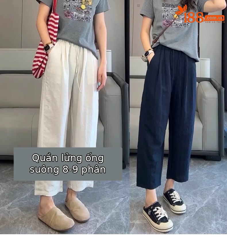 Quần culottes nữ ống rộng vải lyocell linen mùa hè dáng suông ống đứng — Xanh da trời chín phân chi tiết 1