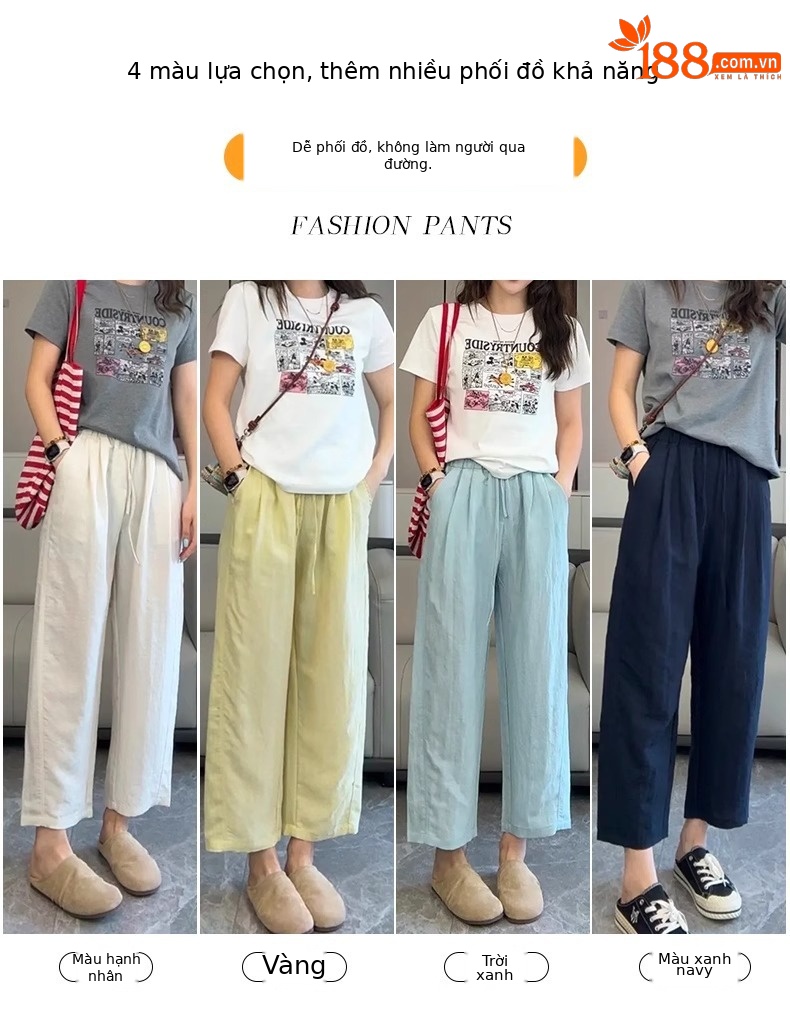 Quần culottes nữ ống rộng vải lyocell linen mùa hè dáng suông ống đứng — Xanh da trời chín phân chi tiết 3