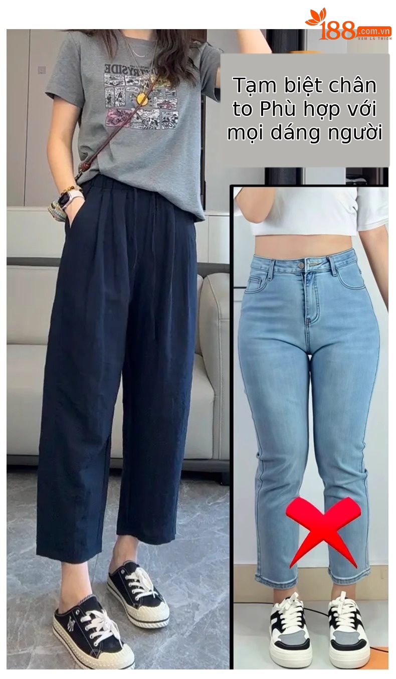 Quần culottes nữ ống rộng vải lyocell linen mùa hè dáng suông ống đứng — Xanh da trời chín phân chi tiết 4