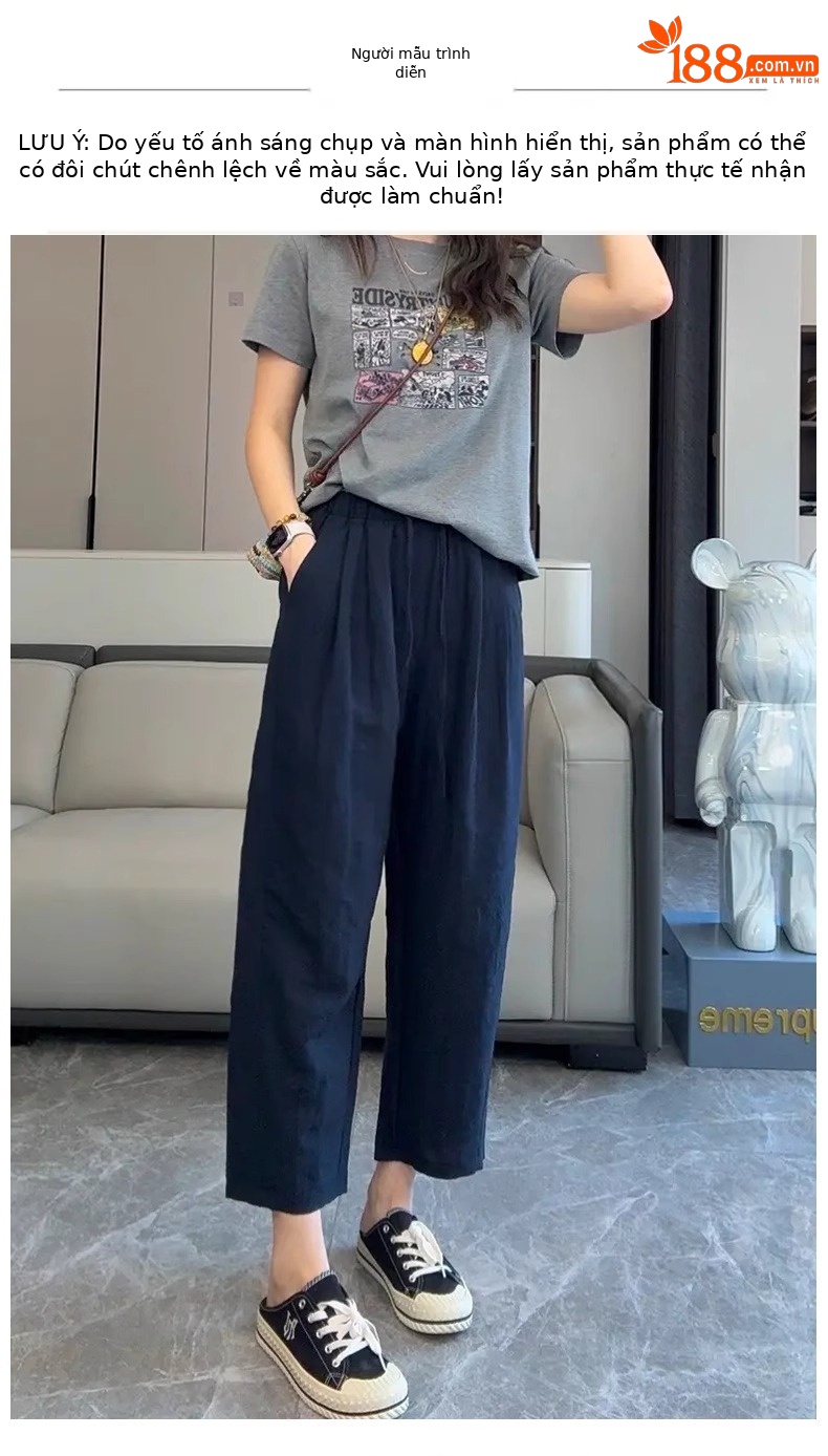 Quần culottes nữ ống rộng vải lyocell linen mùa hè dáng suông ống đứng — Xanh da trời chín phân chi tiết 8