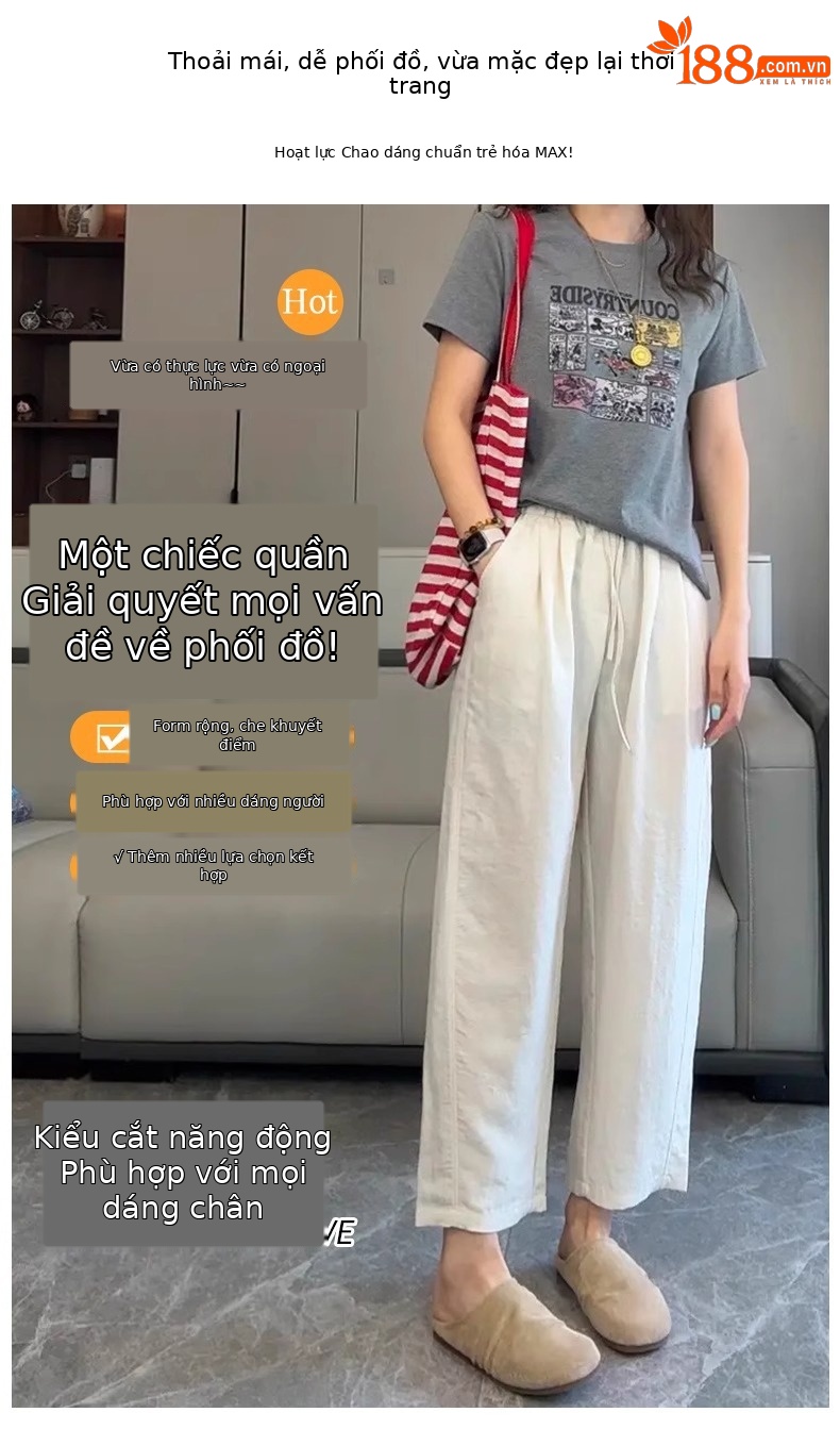 Quần culottes nữ ống rộng vải lyocell linen mùa hè dáng suông ống đứng — Xanh da trời chín phân chi tiết 2