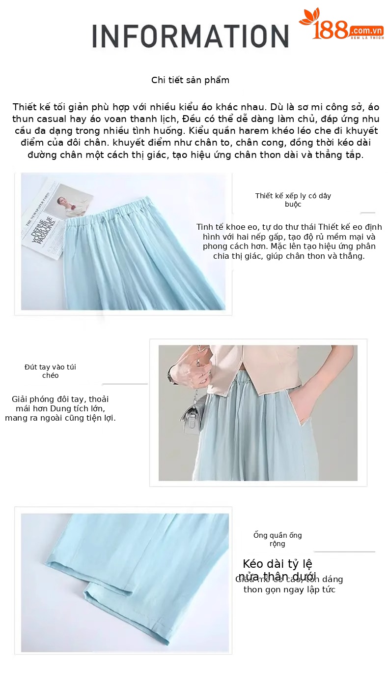 Quần culottes nữ ống rộng vải lyocell linen mùa hè dáng suông ống đứng — Xanh da trời chín phân chi tiết 7