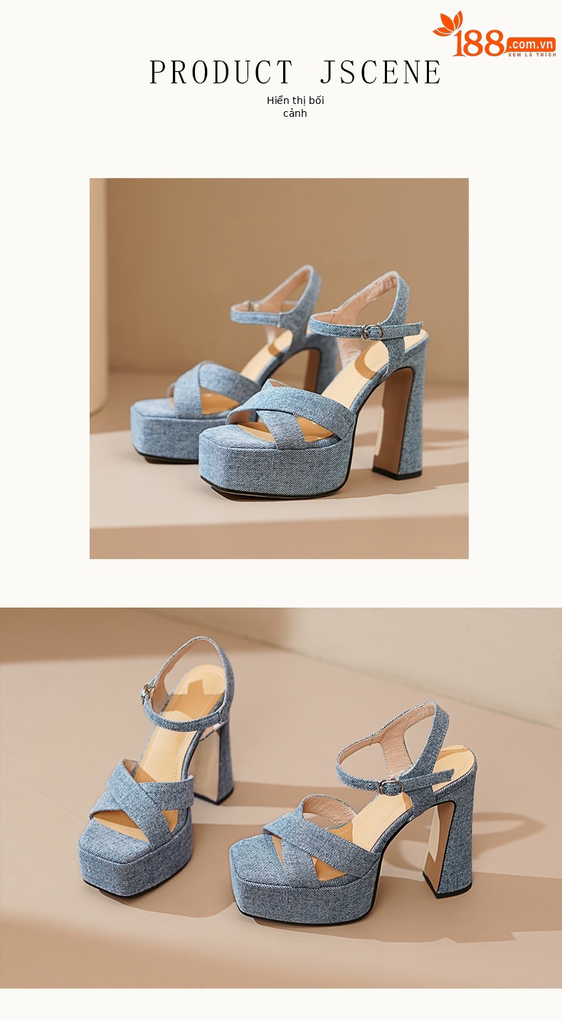 Sandal cao gót denim mũi vuông hở ngón đế dày gót thô — Vải bò màu xanh chi tiết 5