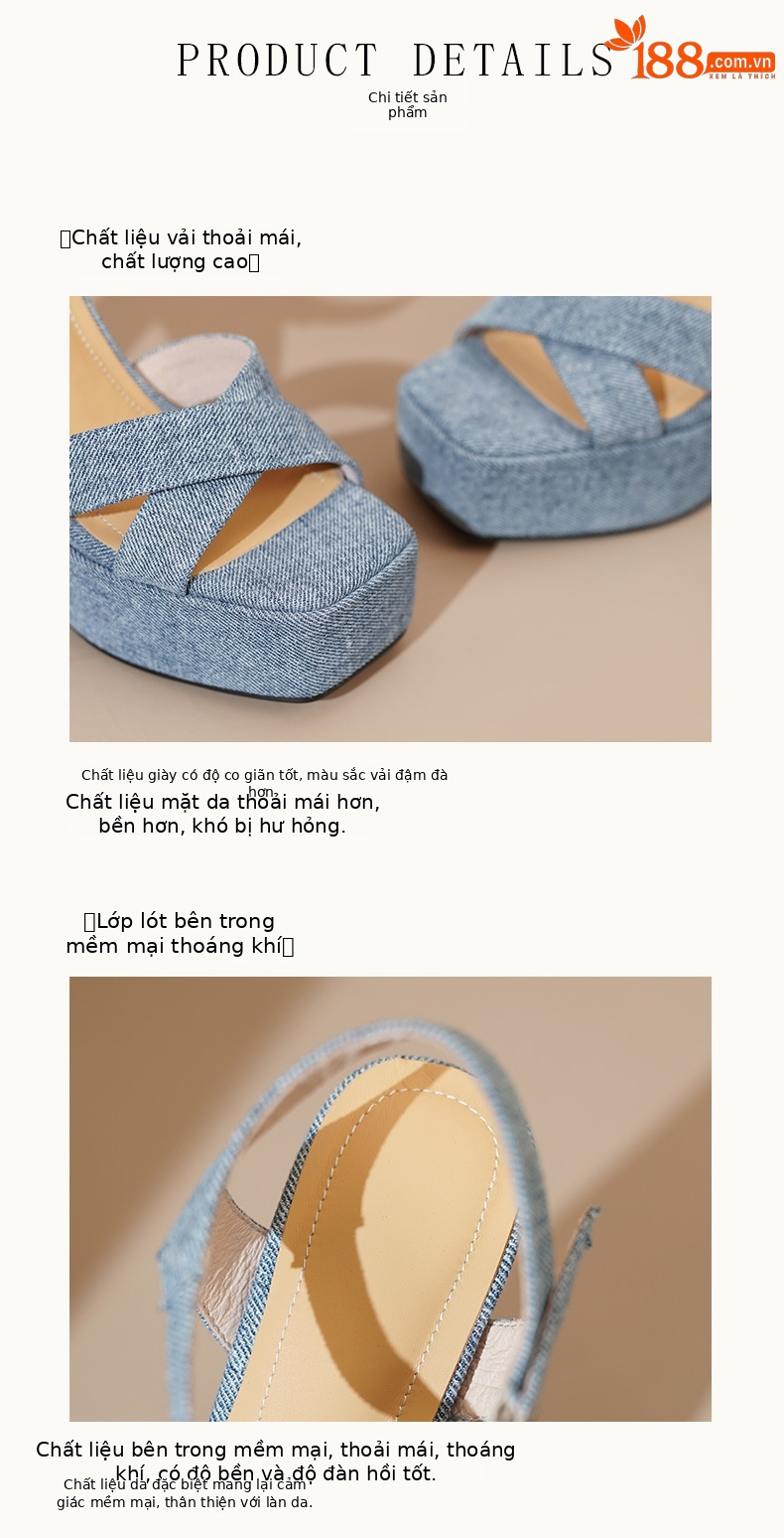 Sandal cao gót denim mũi vuông hở ngón đế dày gót thô — Vải bò màu xanh chi tiết 7