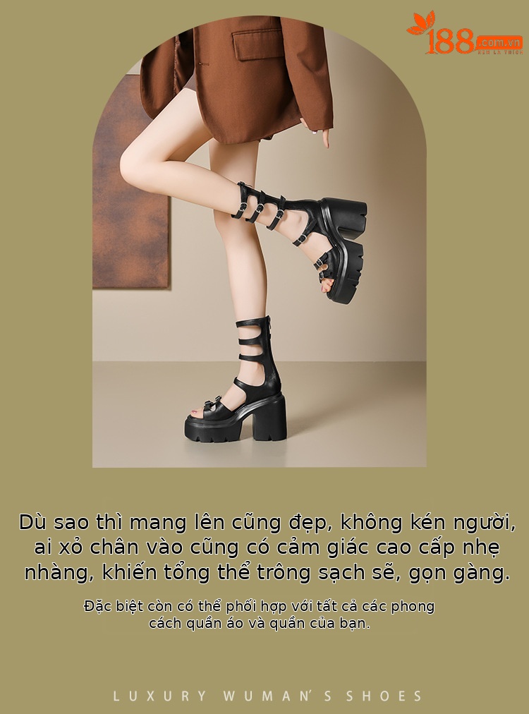 Boot sandal nữ cổ thấp đế dày gót 12 cm khóa thắt lưng — Màu đen chi tiết 2