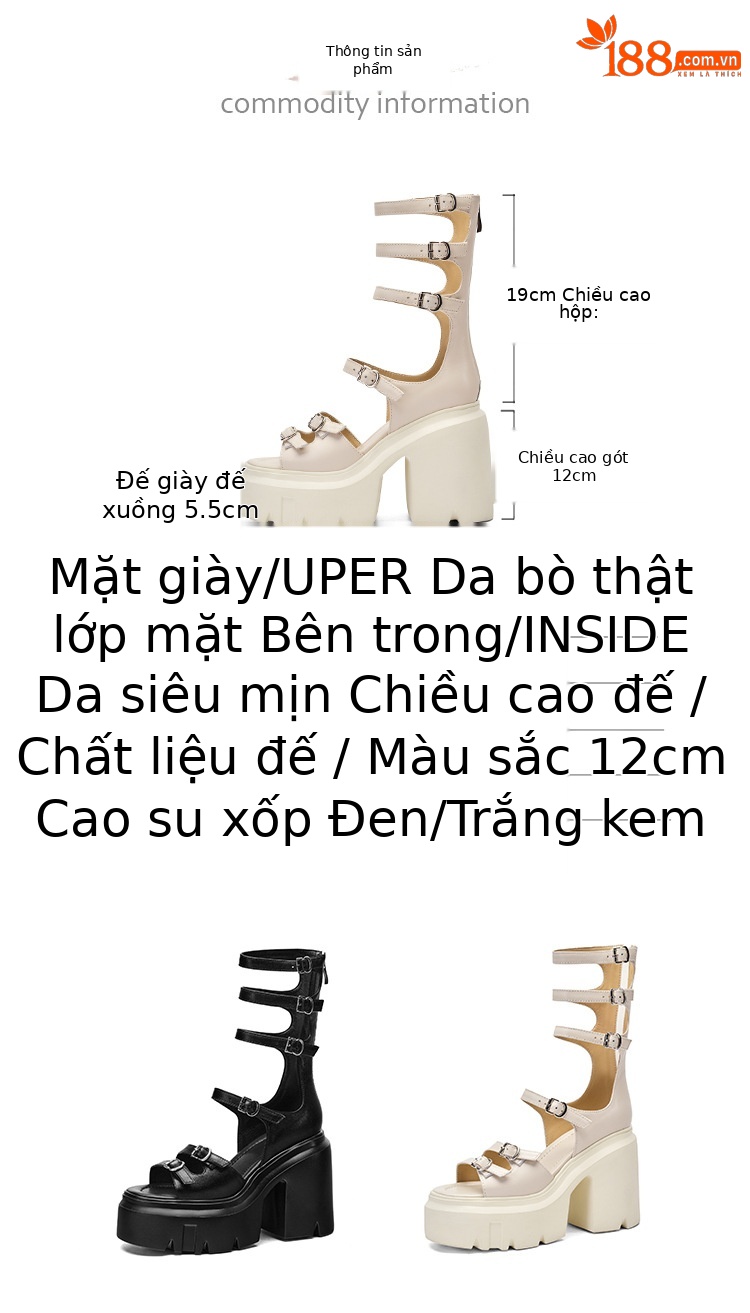 Boot sandal nữ cổ thấp đế dày gót 12 cm khóa thắt lưng — Màu đen chi tiết 3