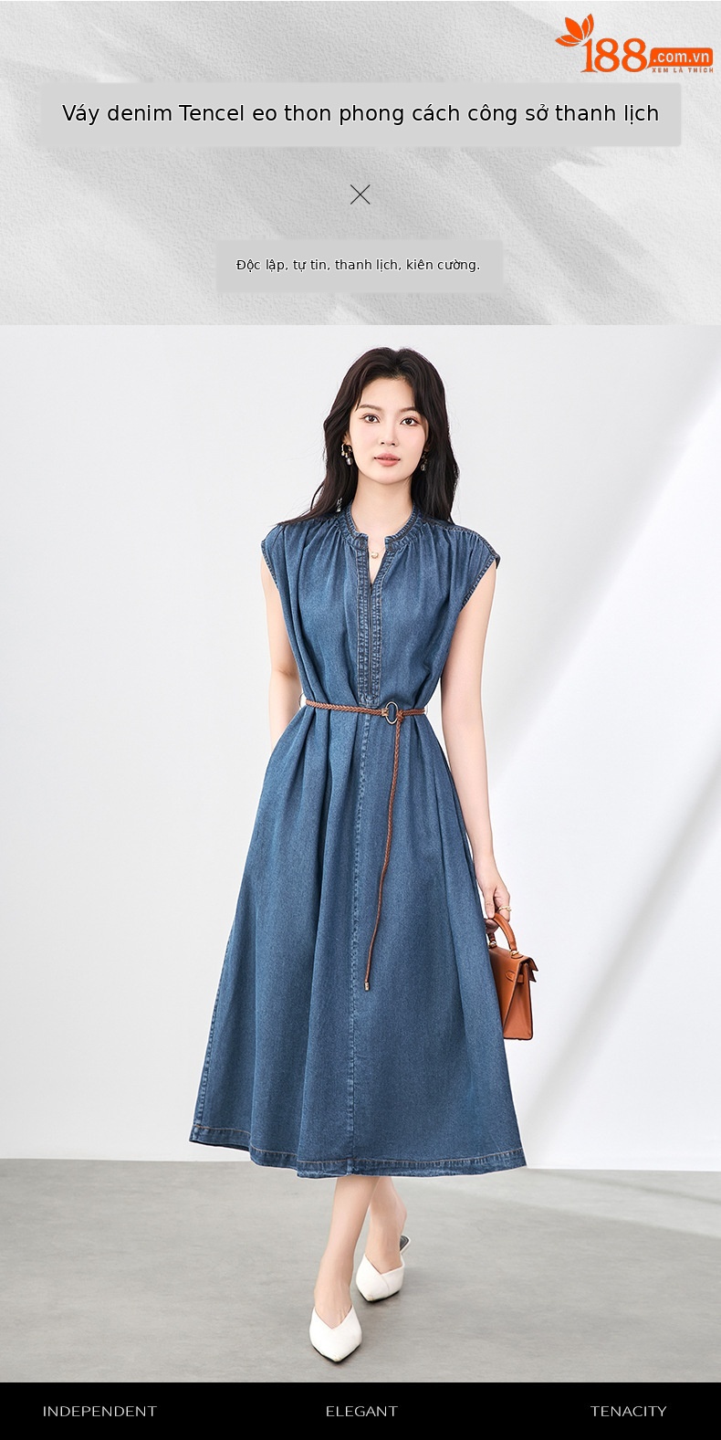 Váy liền denim Tiansi dáng maxi thắt eo phong cách Pháp mùa hè — Màu xanh lam chi tiết 1